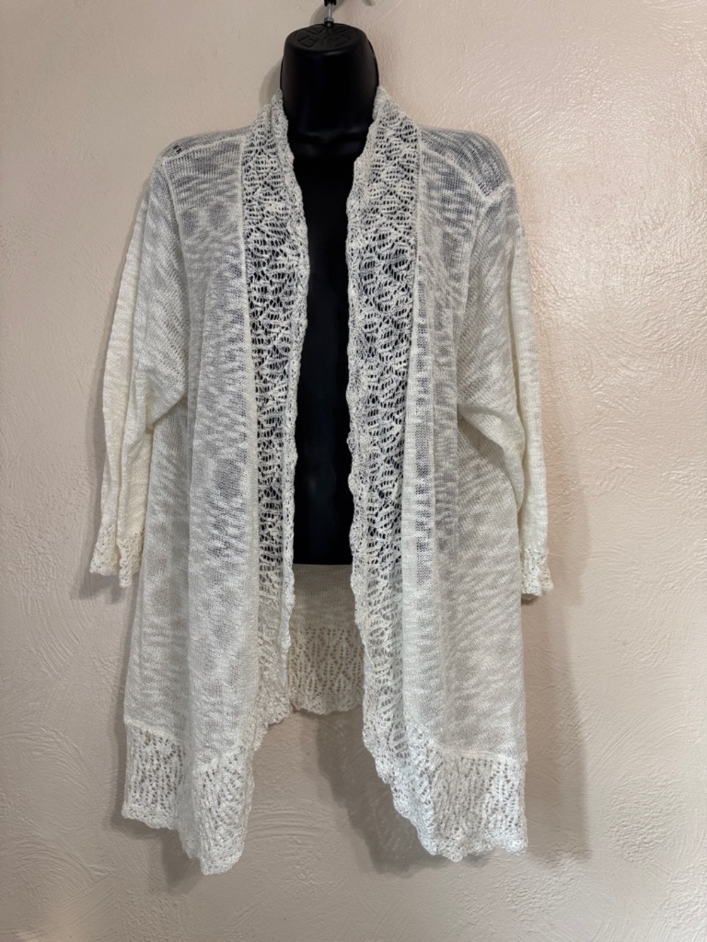 Open-Front Lace-Trim Cardigan Sweater in White